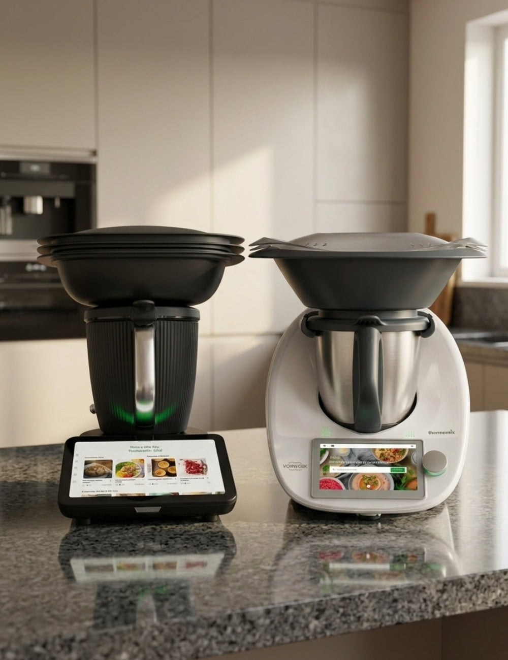 Two kitchen appliances on a countertop with digital displays showing recipe images.