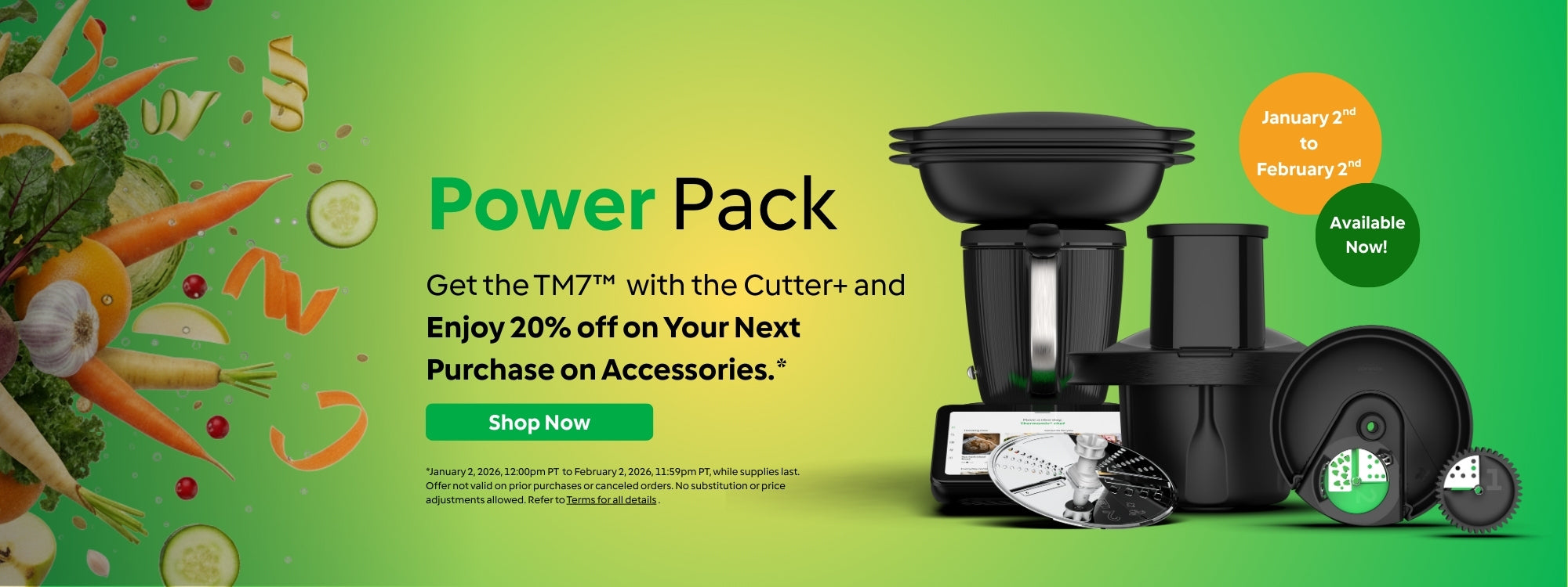 Advertisement for a kitchen appliance power pack with vegetables on a green background