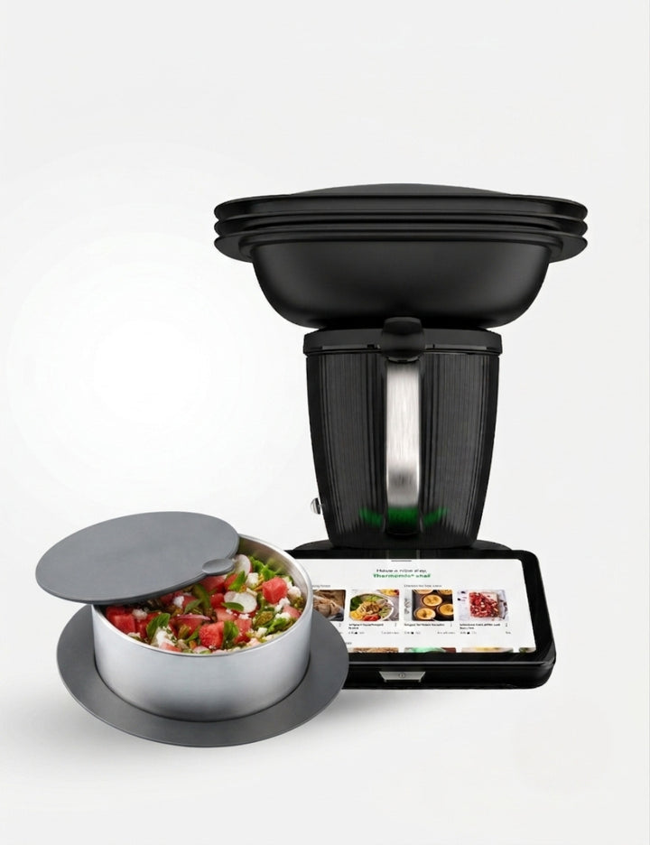 A black countertop kitchen appliance with a lid, shown alongside a stainless steel bowl filled with chopped vegetables and a tablet displaying a recipe screen, on a light gray background.
